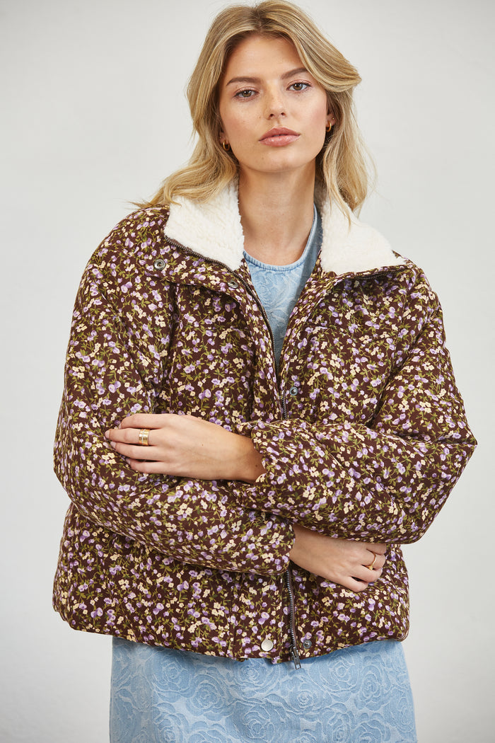 Floral Print Sherpa Collar Puffer Jacket - PLUM MULTI