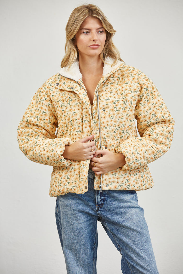 Floral Print Sherpa Collar Puffer Jacket - PLUM MULTI