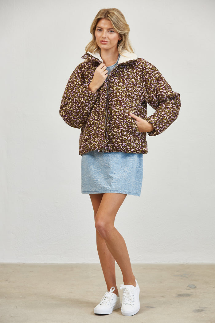 Floral Print Sherpa Collar Puffer Jacket - PLUM MULTI