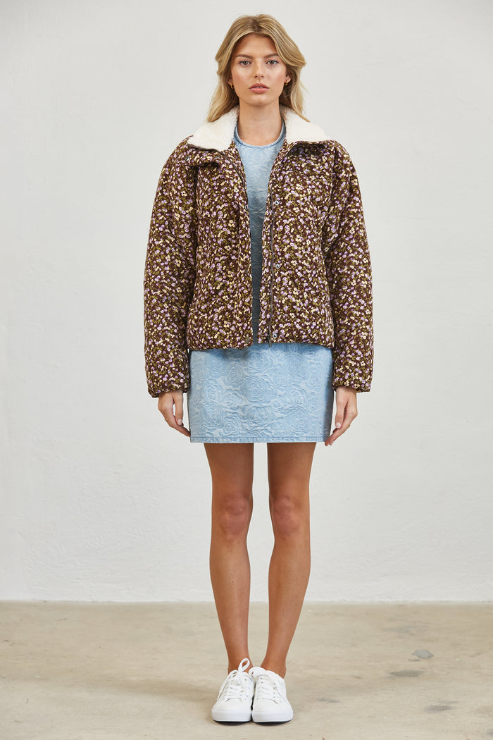 Floral Print Sherpa Collar Puffer Jacket - PLUM MULTI
