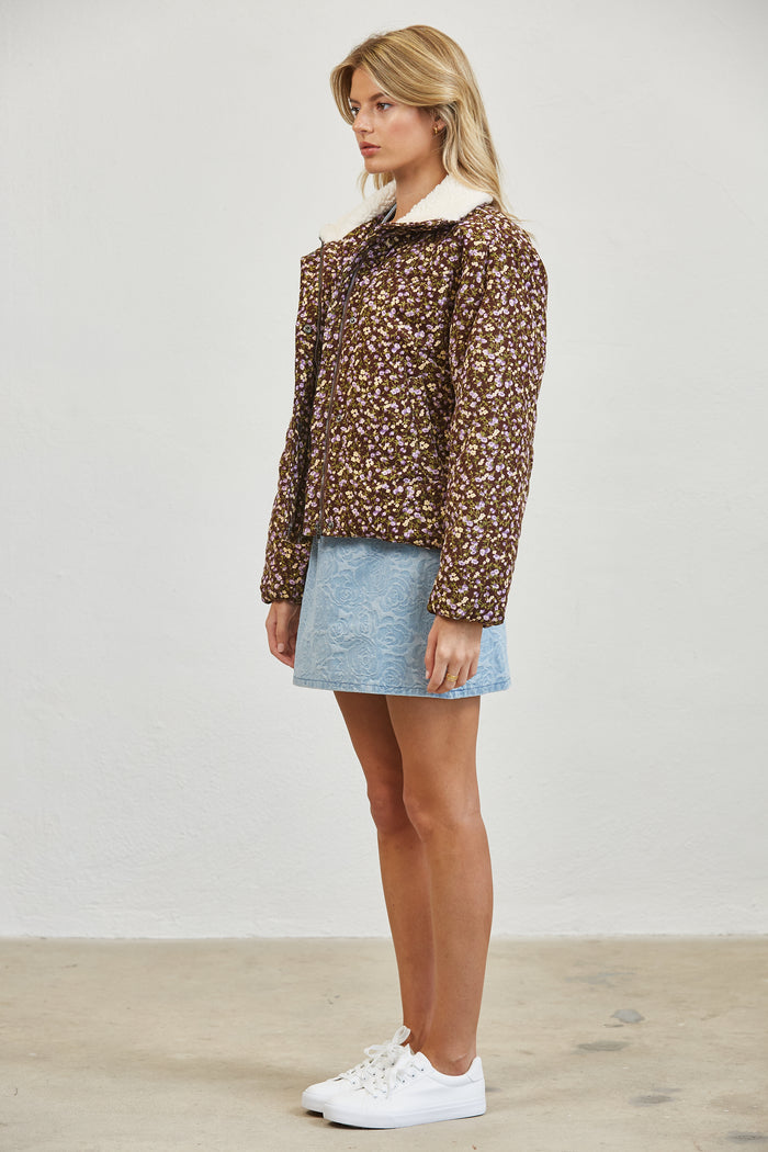 Floral Print Sherpa Collar Puffer Jacket - PLUM MULTI
