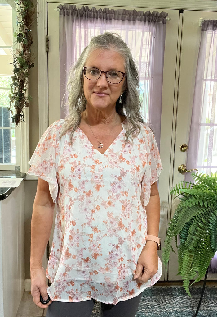 Floral V-Neck Flutter Sleeve Blouse