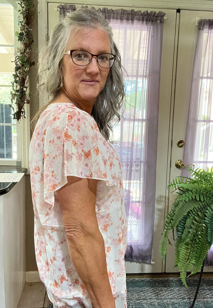 Floral V-Neck Flutter Sleeve Blouse