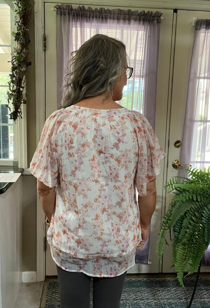 Floral V-Neck Flutter Sleeve Blouse