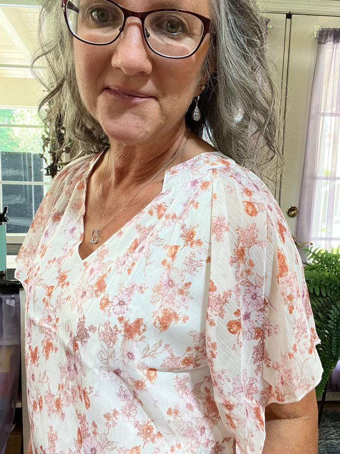 Floral V-Neck Flutter Sleeve Blouse
