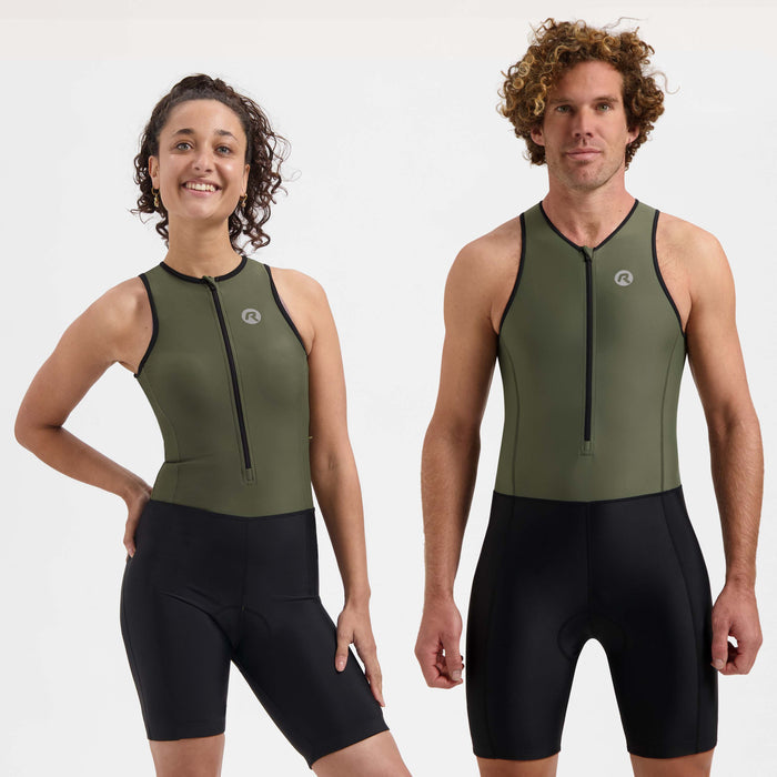 Rogelli Florida triathlonpak zonder mouwen zwart en legergroen man en vrouw gedragen voorkant.