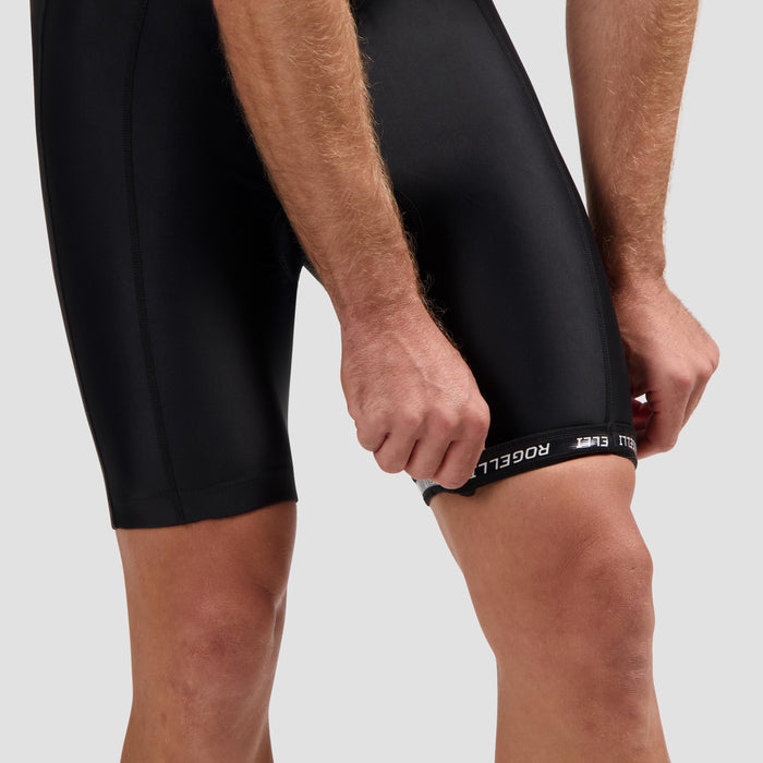 Detail broekspijk van Florida triathlonpak zonder mouwen zwart en legergroen.