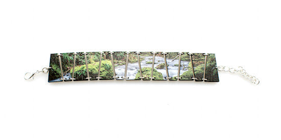 Forest stream scene laser-cut wood bracelet, made in USA