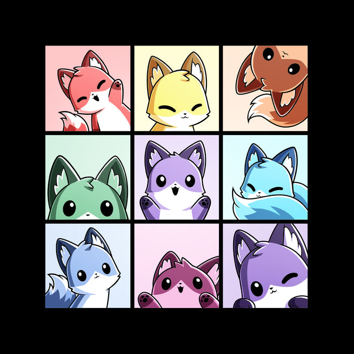 Premium Cotton T-shirt_TeeTurtle black Foxy Rainbow Grid apparel featuring a grid of nine foxes in rainbow colors making various cute poses.