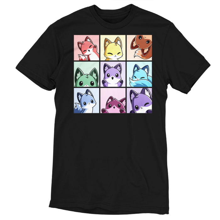 Premium Cotton T-shirt_TeeTurtle black Foxy Rainbow Grid apparel featuring a grid of nine foxes in rainbow colors making various cute poses.