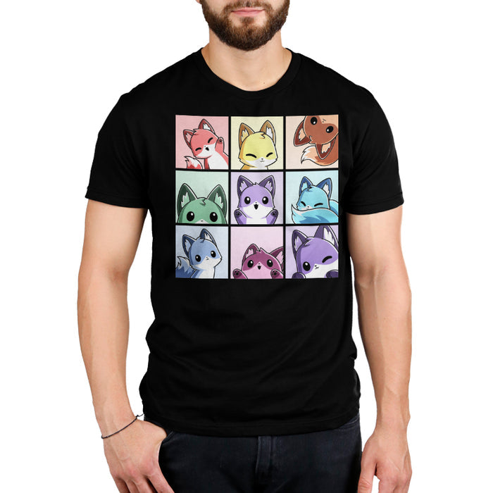 Premium Cotton T-shirt_TeeTurtle black Foxy Rainbow Grid apparel featuring a grid of nine foxes in rainbow colors making various cute poses.