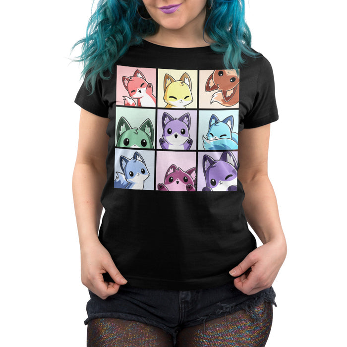 Premium Cotton T-shirt_TeeTurtle black Foxy Rainbow Grid apparel featuring a grid of nine foxes in rainbow colors making various cute poses.