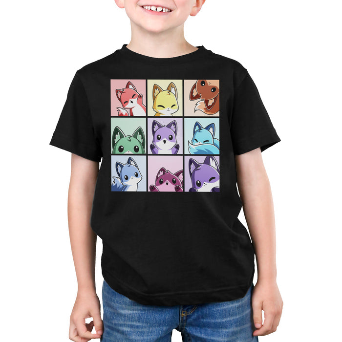 Premium Cotton T-shirt_TeeTurtle black Foxy Rainbow Grid apparel featuring a grid of nine foxes in rainbow colors making various cute poses.