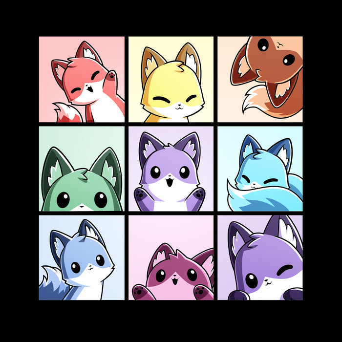 Classic Cotton T-shirt_TeeTurtle black Foxy Rainbow Grid apparel featuring a grid of nine foxes in rainbow colors making various cute poses.