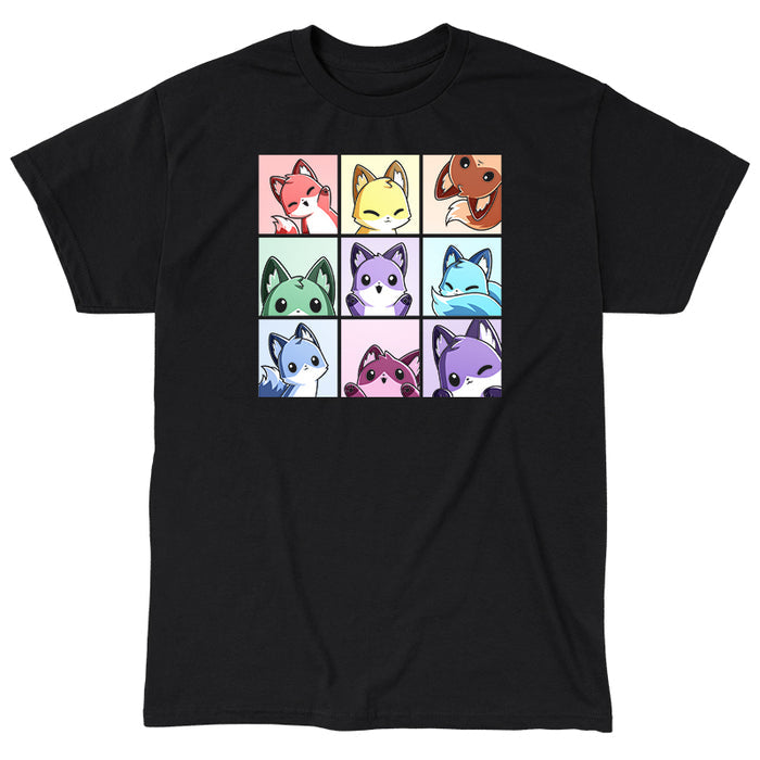 Classic Cotton T-shirt_TeeTurtle black Foxy Rainbow Grid apparel featuring a grid of nine foxes in rainbow colors making various cute poses.