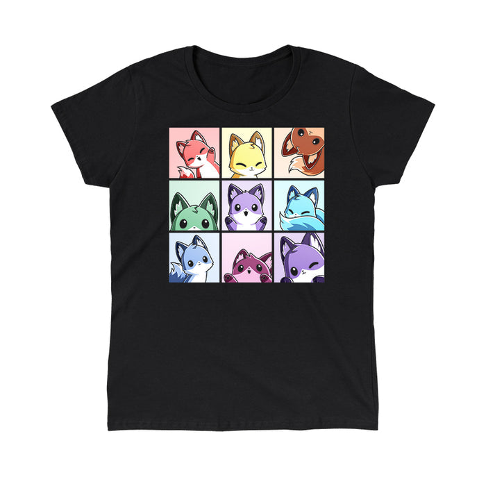 Classic Cotton T-shirt_TeeTurtle black Foxy Rainbow Grid apparel featuring a grid of nine foxes in rainbow colors making various cute poses.