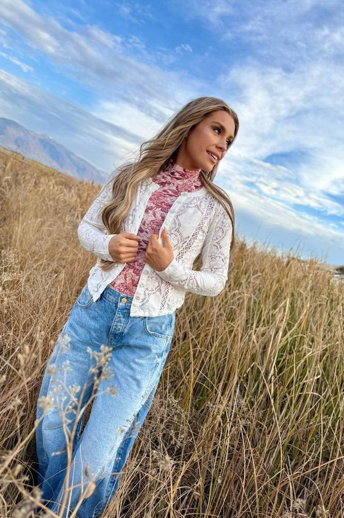 Free People Jae Sheer Lace Knit Long Sleeve Top