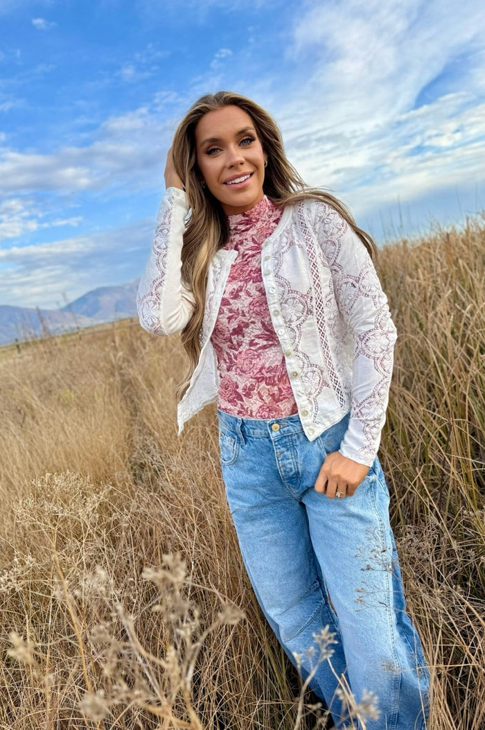 Free People Jae Sheer Lace Knit Long Sleeve Top