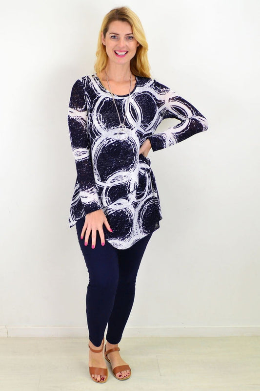 Blue swirl Galaxy Cross Over Swing Tunic Top by Caroline Morgan, featuring a flowing design and relaxed fit for women.