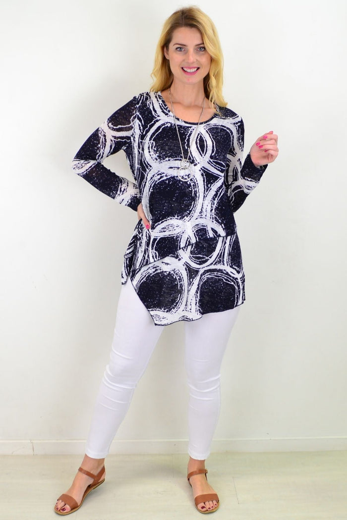 Caroline Morgan Galaxy Cross Over Swing Tunic Top featuring flowing fabric and stylish crossover design, displayed on a model.