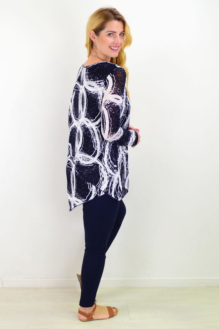 Blue swirl print Caroline Morgan Galaxy Cross Over Swing Tunic Top, stylish and flowing women's tunic with a crossover design.