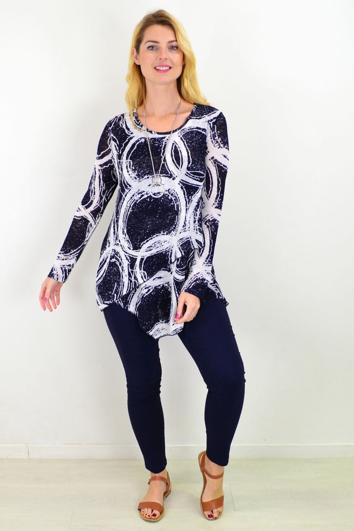 Blue swirl Galaxy Cross Over Swing Tunic Top by Caroline Morgan, featuring a flowing design and stylish crossover neckline.