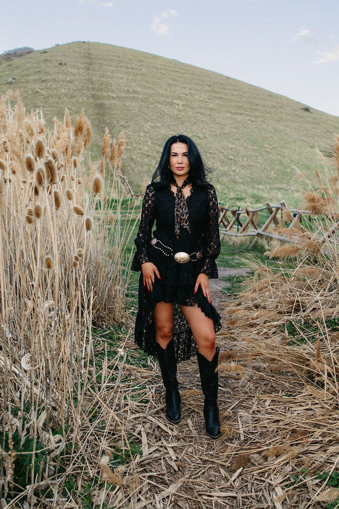 Gothic cowgirl dress, western lace dress, black high low dress, country concert outfit, dark romance fashion, tiered lace dress, sheer sleeve western dress