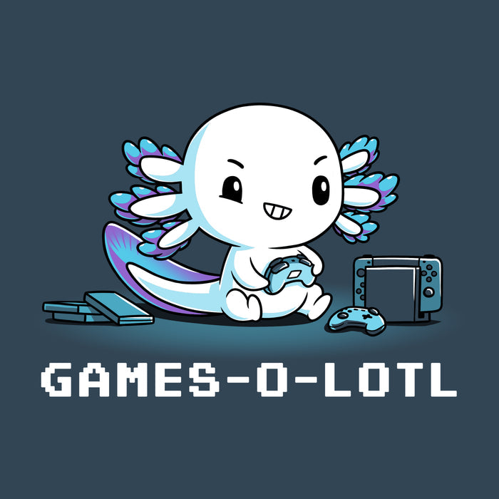 Premium Cotton T-shirt_Teeturtle denim blue Games-O-Lotl apparel featuring an axolotl playing video games with consoles and controllers around. Caption reads, "games-o-lotl".