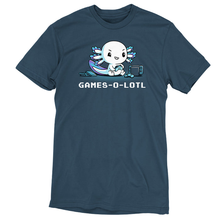 Premium Cotton T-shirt_Teeturtle denim blue Games-O-Lotl apparel featuring an axolotl playing video games with consoles and controllers around. Caption reads, "games-o-lotl".