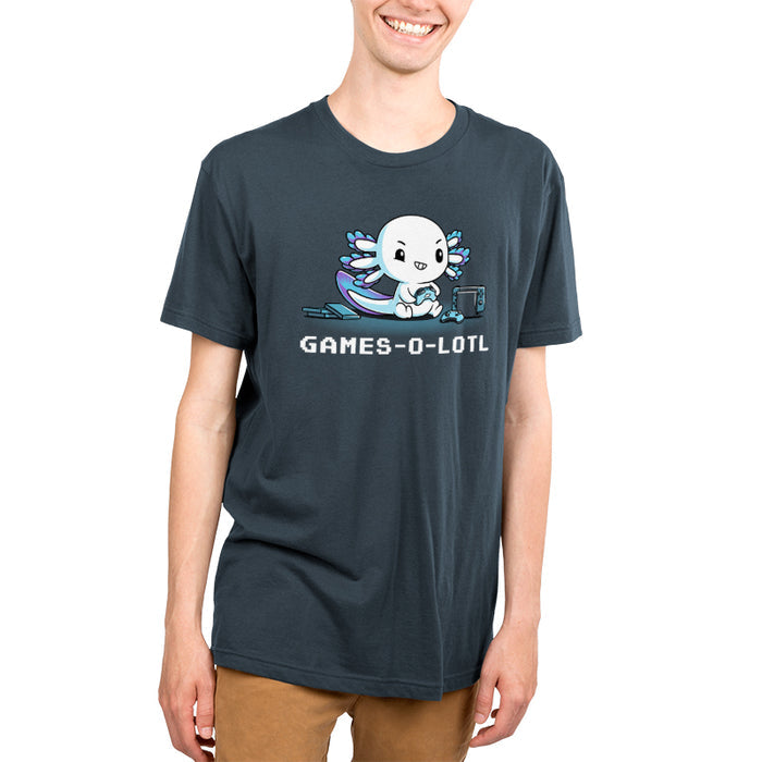 Premium Cotton T-shirt_Teeturtle denim blue Games-O-Lotl apparel featuring an axolotl playing video games with consoles and controllers around. Caption reads, "games-o-lotl".