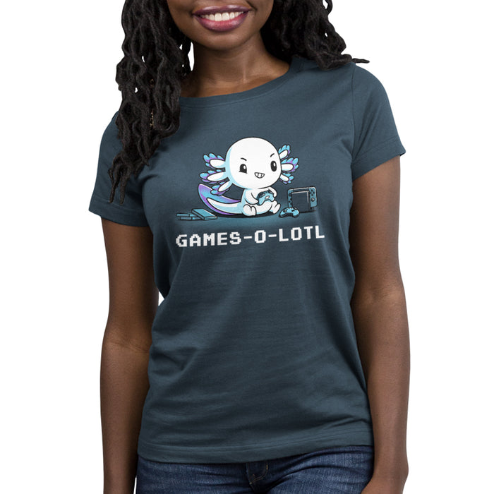 Premium Cotton T-shirt_Teeturtle denim blue Games-O-Lotl apparel featuring an axolotl playing video games with consoles and controllers around. Caption reads, "games-o-lotl".