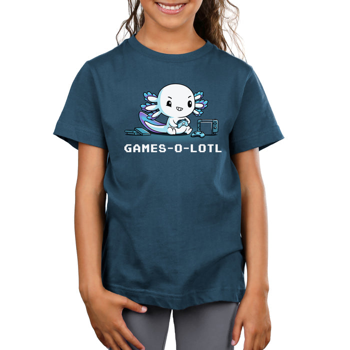 Premium Cotton T-shirt_Teeturtle denim blue Games-O-Lotl apparel featuring an axolotl playing video games with consoles and controllers around. Caption reads, "games-o-lotl".