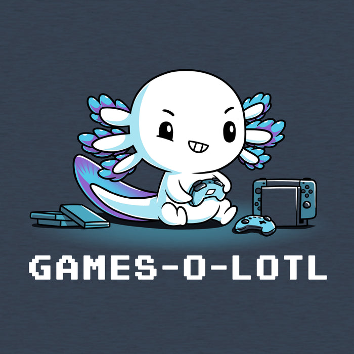 Classic Cotton T-shirt_Teeturtle heather navy Games-O-Lotl apparel featuring an axolotl playing video games with consoles and controllers around. Caption reads, "games-o-lotl".