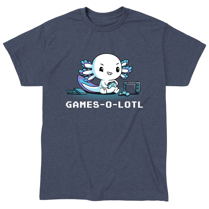 Classic Cotton T-shirt_Teeturtle heather navy Games-O-Lotl apparel featuring an axolotl playing video games with consoles and controllers around. Caption reads, "games-o-lotl".