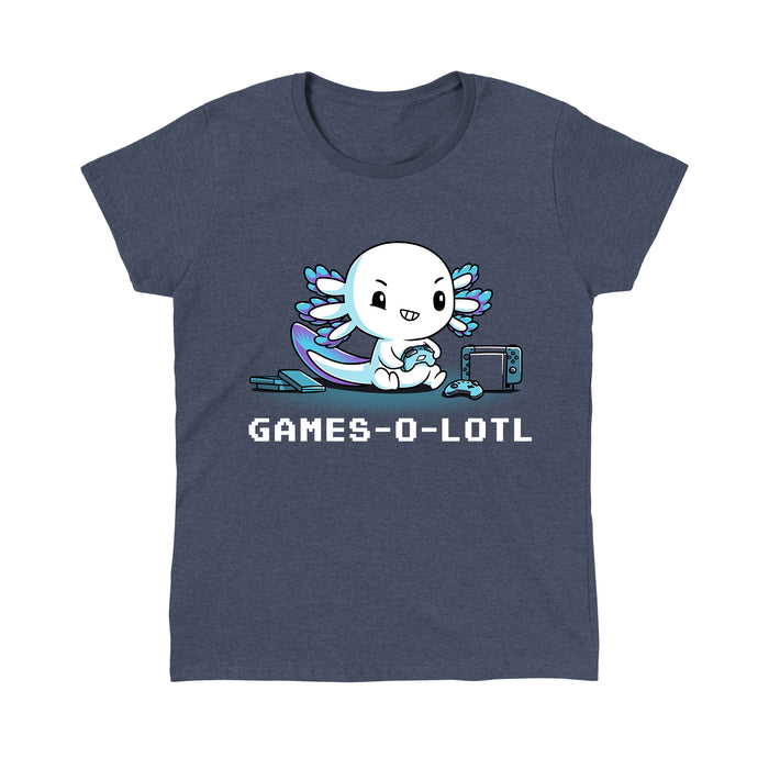 Classic Cotton T-shirt_Teeturtle heather navy Games-O-Lotl apparel featuring an axolotl playing video games with consoles and controllers around. Caption reads, "games-o-lotl".