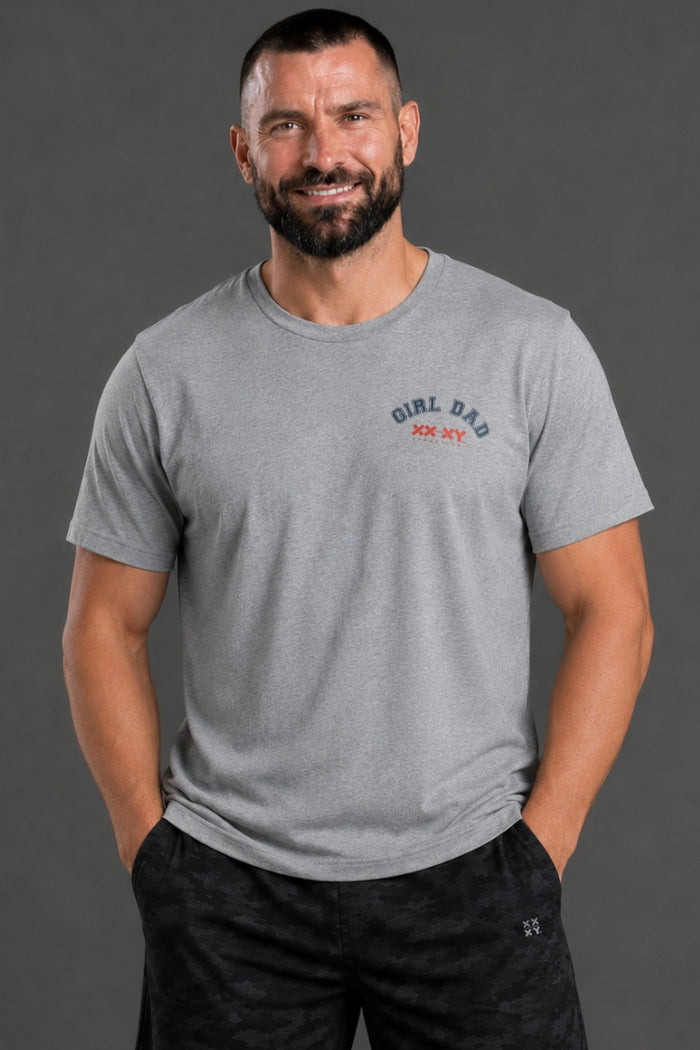 Man wearing a gray t-shirt with text and black shorts on a gray background || Light Heather Gray