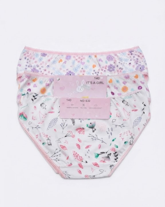 Girls' cotton panties, white with colorful floral print and pink trim