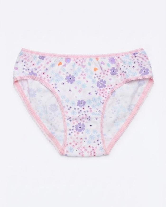 Girls' cotton panties, white with purple floral print and pink trim