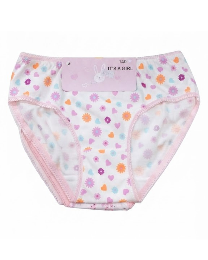Girls' cotton panties, white with hearts and multicolor flowers, pink trim