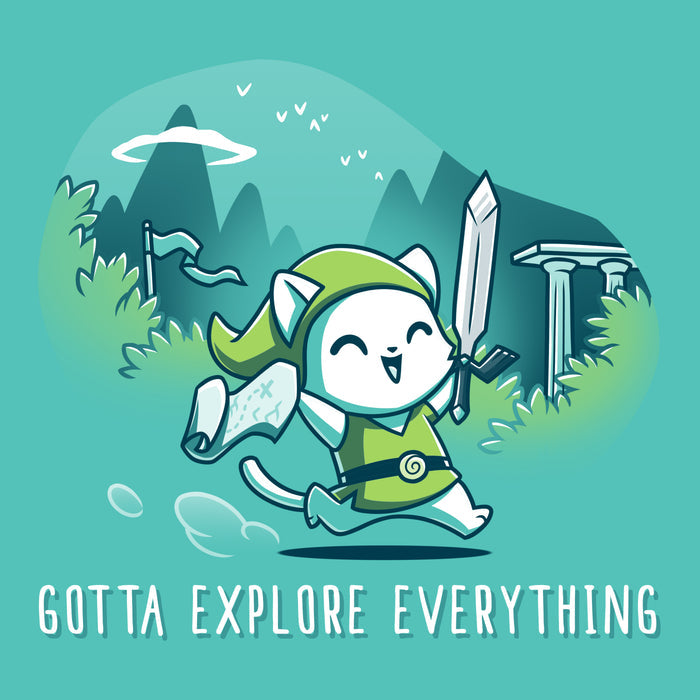 Premium Cotton T-shirt_TeeTurtle Gotta Explore Everything Caribbean Blue apparel featuring an excited magical cat holding a map and sword running through the mountains.