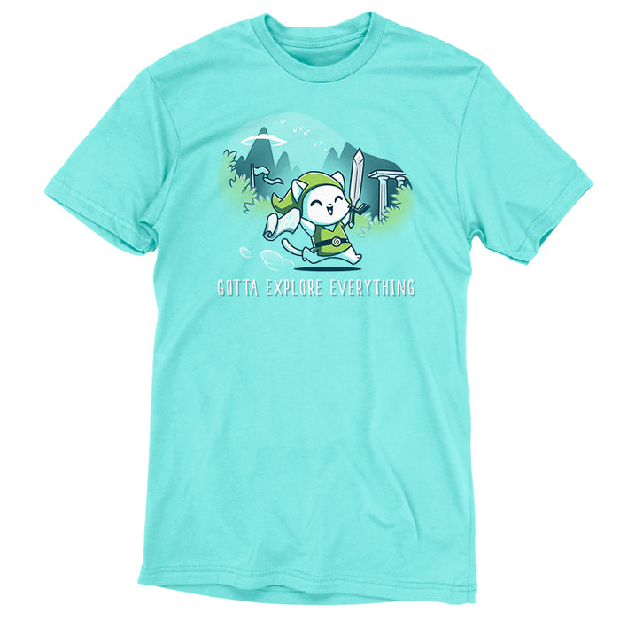 Premium Cotton T-shirt_TeeTurtle Gotta Explore Everything Caribbean Blue apparel featuring an excited magical cat holding a map and sword running through the mountains.