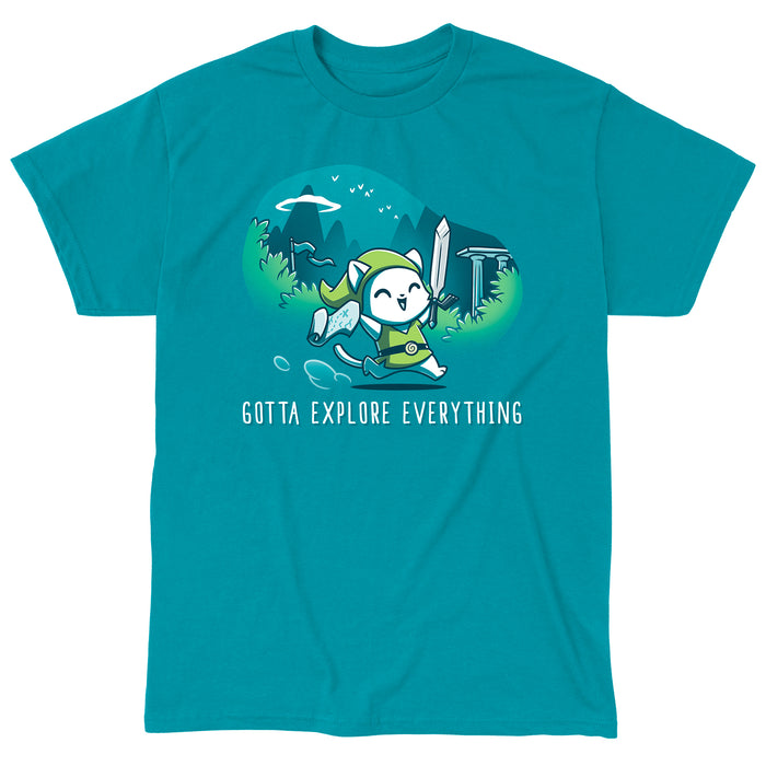 Classic Cotton T-shirt_TeeTurtle Gotta Explore Everything Tropical Blue apparel featuring an excited magical cat holding a map and sword running through the mountains.