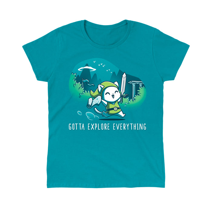 Classic Cotton T-shirt_TeeTurtle Gotta Explore Everything Tropical Blue apparel featuring an excited magical cat holding a map and sword running through the mountains.