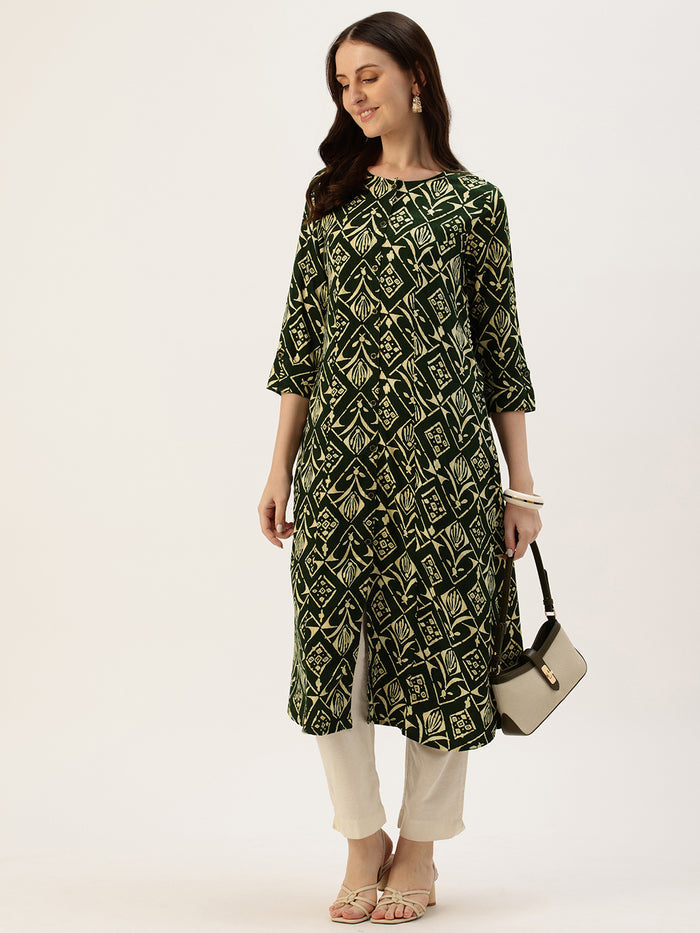 Green Geometric Printed A-Line Kurta