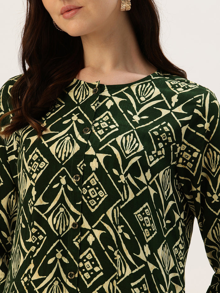 Green Geometric Printed A-Line Kurta