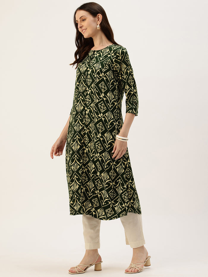 Green Geometric Printed A-Line Kurta