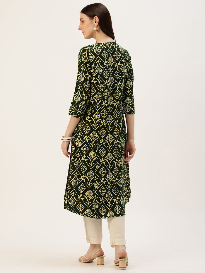 Green Geometric Printed A-Line Kurta