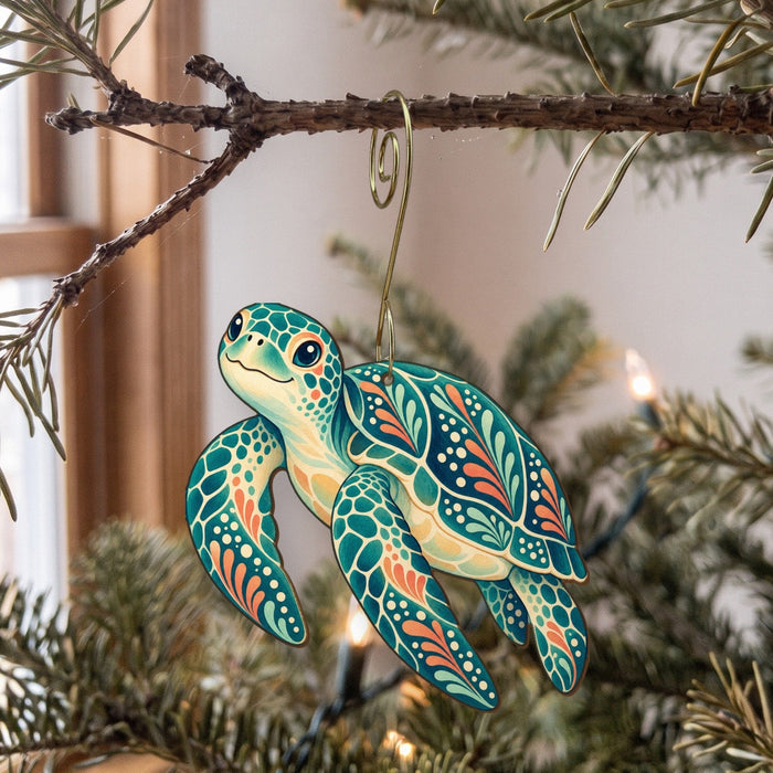 Laser-cut maple wood Green Sea Turtle folk art ornament O89 hanging on a fir branch, made in USA