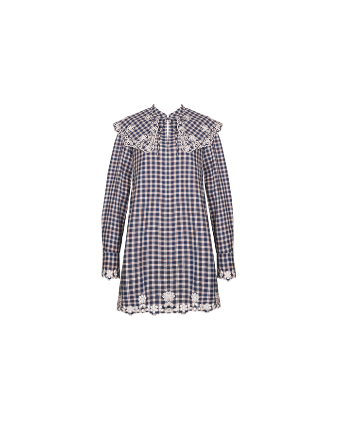 GRETA BRODERIE MINI DRESS NAVY ORANGE TARTAN