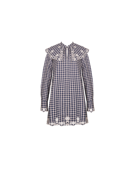 GRETA BRODERIE MINI DRESS NAVY ORANGE TARTAN
